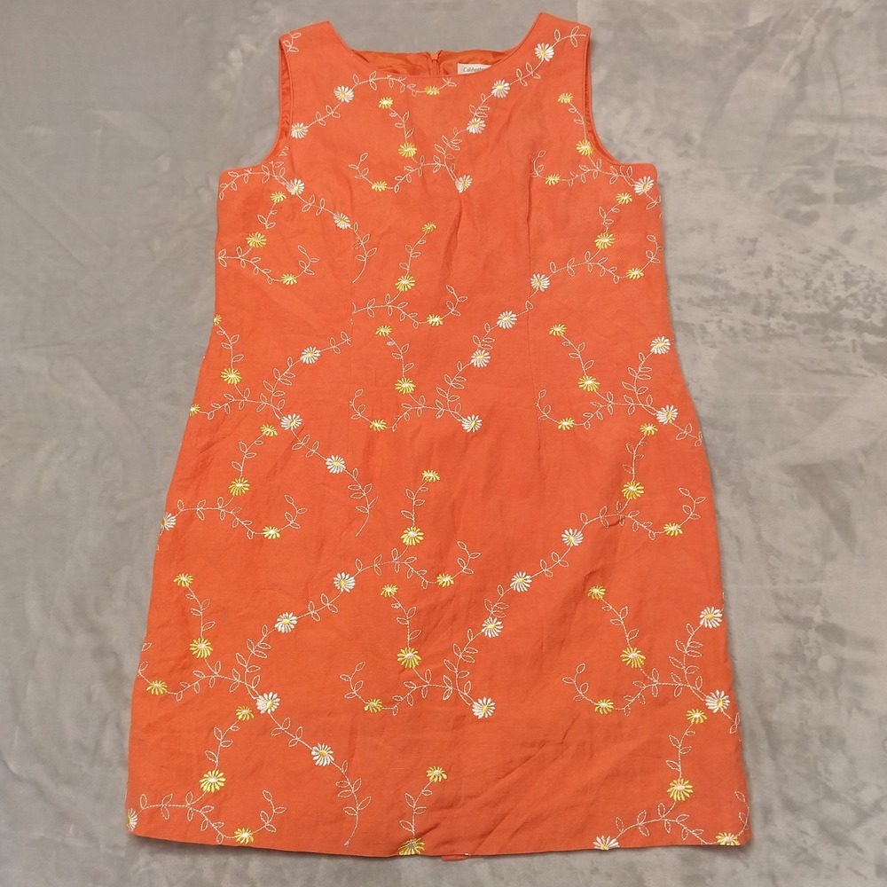 Coldwater Creek Dress Womens 16 Orange Embroidered Daisy Shift Linen Summer